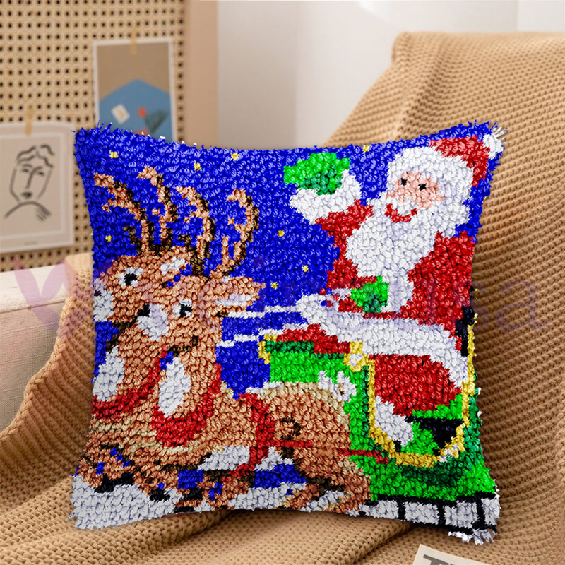 Christmas Deer and Santa Claus Pillowcase Latch Hook Kits for Adult, Beginner and Kid