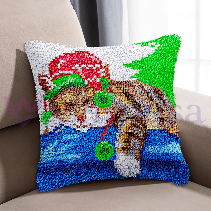 Christmas Cat Pillowcase Latch Hook Kits for Adult, Beginner and Kid