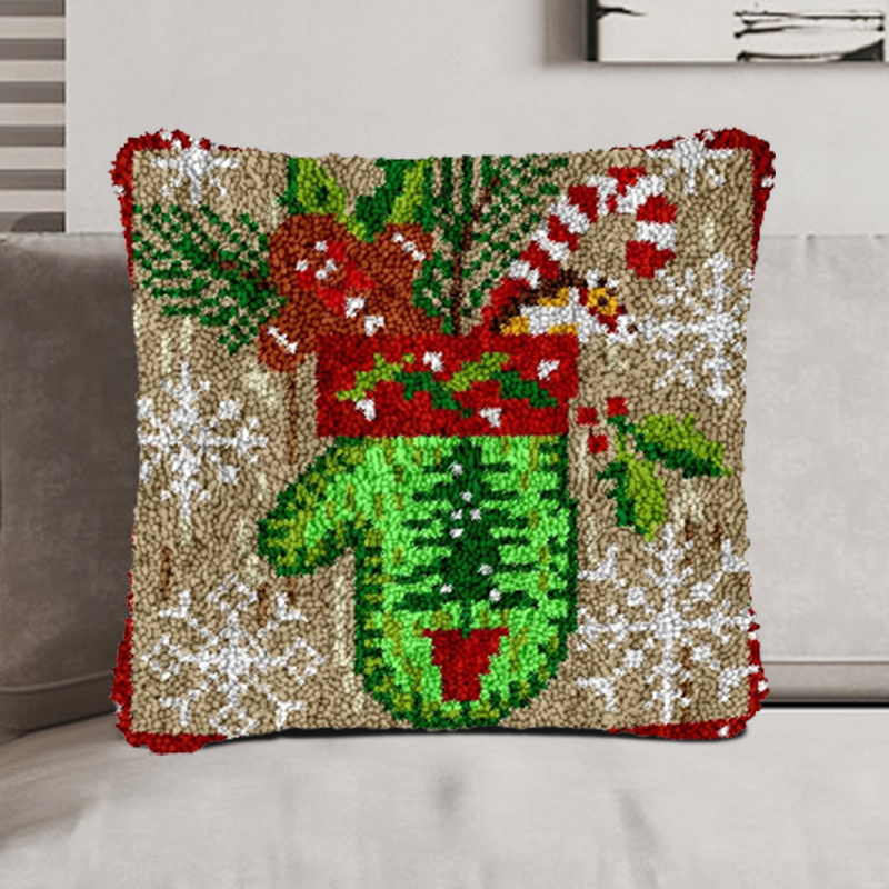 Green Christmas Gloves Pillowcase Latch Hook Kits for Adult, Beginner and Kid