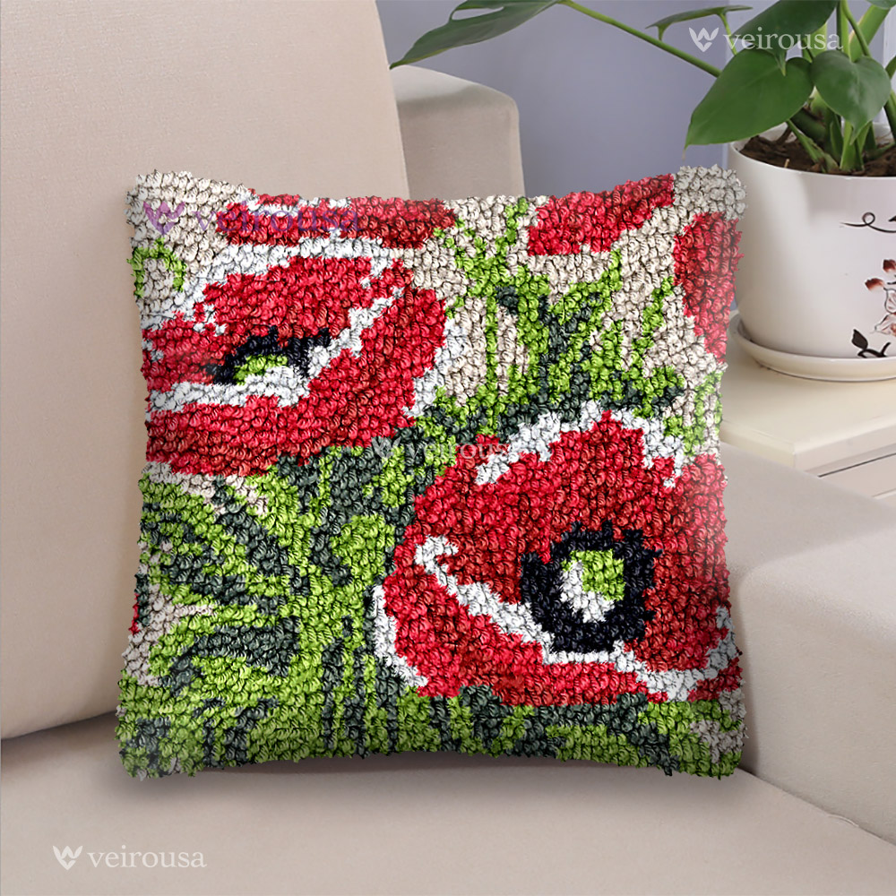 Red Poppies Latch Hook Pillow Kit for Adult, Beginner and Kid