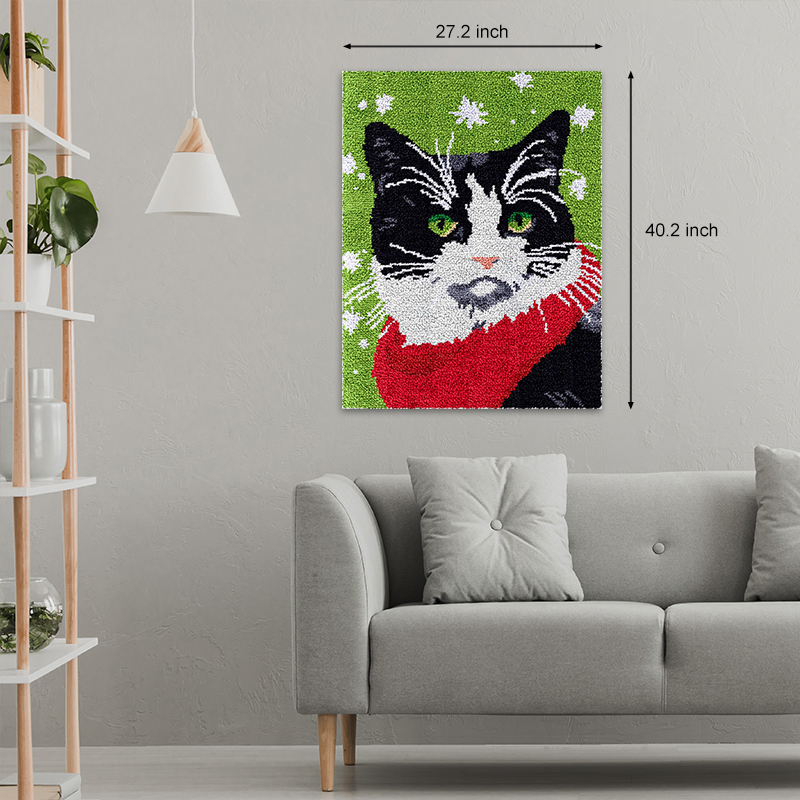 [Large Size] Handsome Black Cat With Red Scarf - Latch Hook Rug Kit