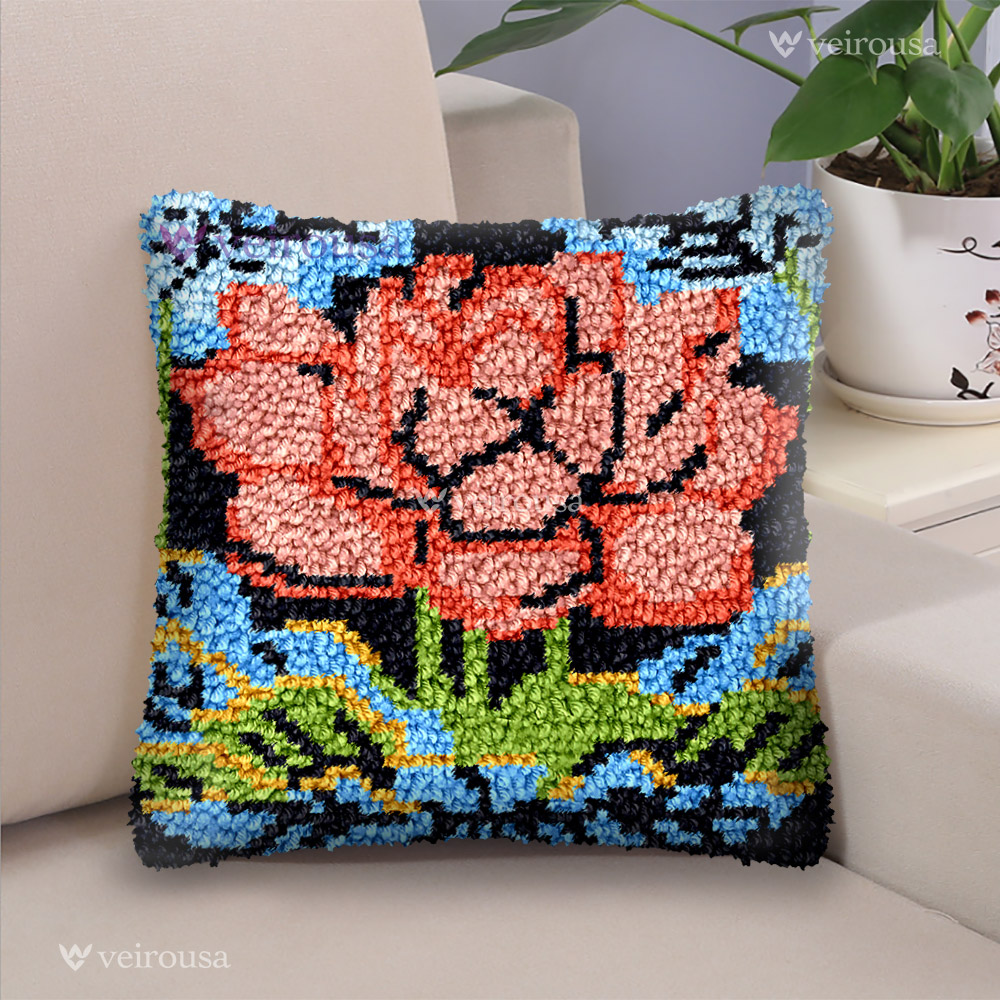 Lotus Flower Latch Hook Pillow Kit for Adult, Beginner and Kid