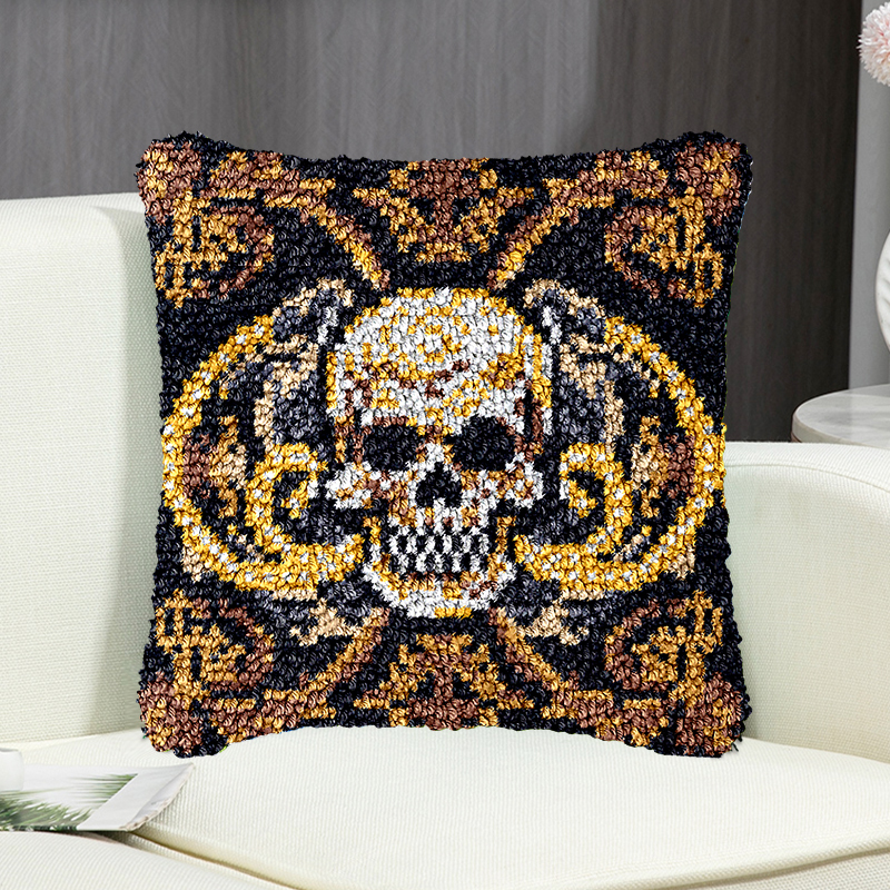Gold Skull Pillowcase Latch Hook Kit for Adult, Beginner and Kid