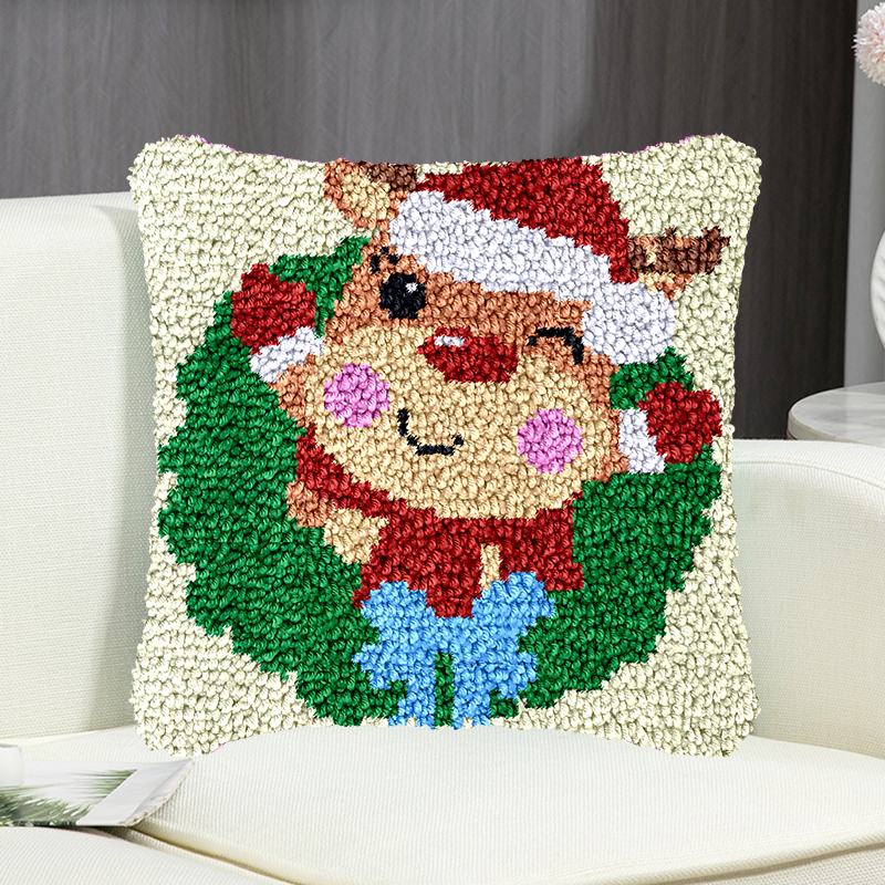 Cute Christmas Deer Pillowcase Latch Hook Kit for Adult, Beginner and Kid