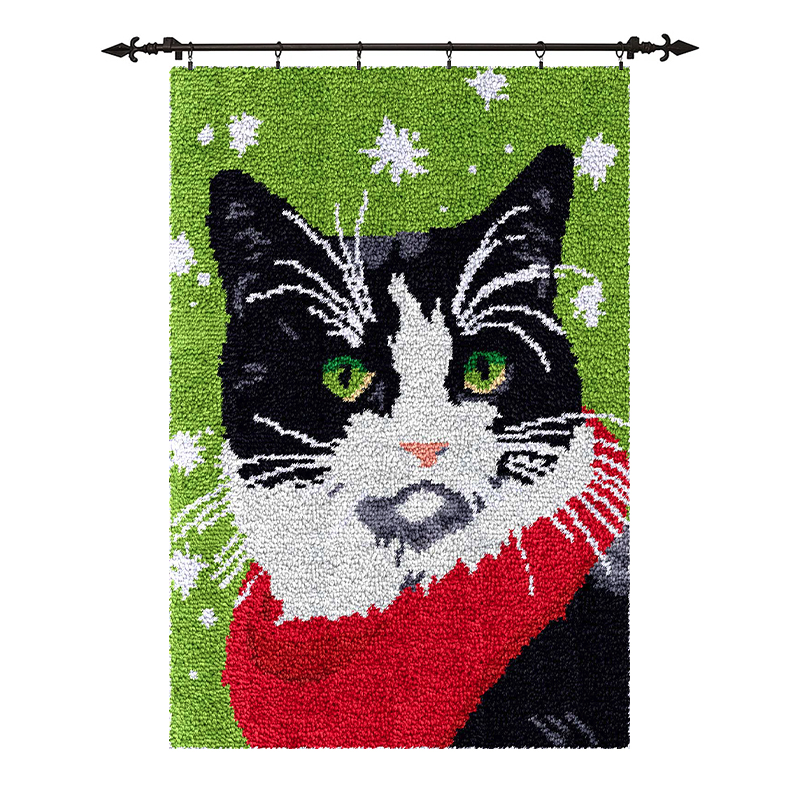 [Large Size] Handsome Black Cat With Red Scarf - Latch Hook Rug Kit
