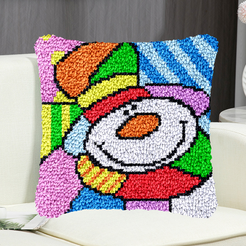 Colorful Snowman Pillowcase Latch Hook Kit for Adult, Beginner and Kid