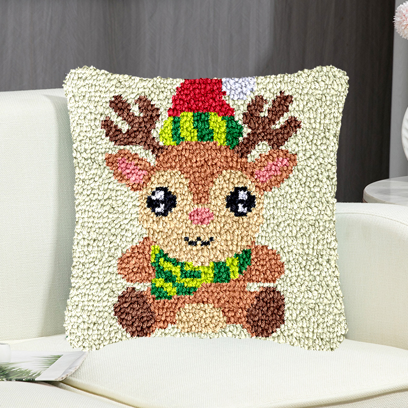 Cheerful Christmas Deer Pillowcase Latch Hook Kit for Adult, Beginner and Kid
