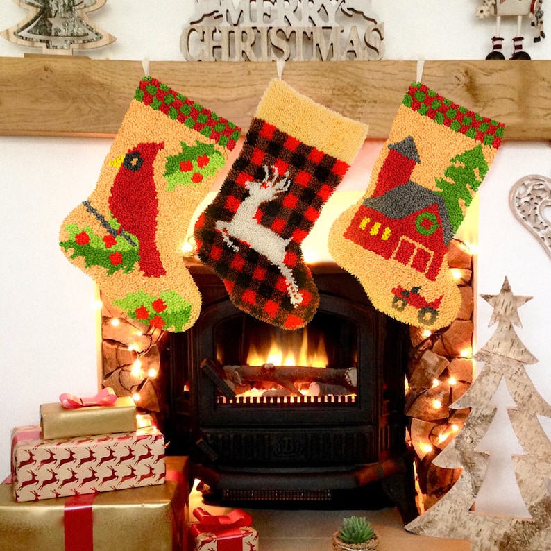 Cardinal Christmas Stocking DIY Latch Hook Kits for Beginner