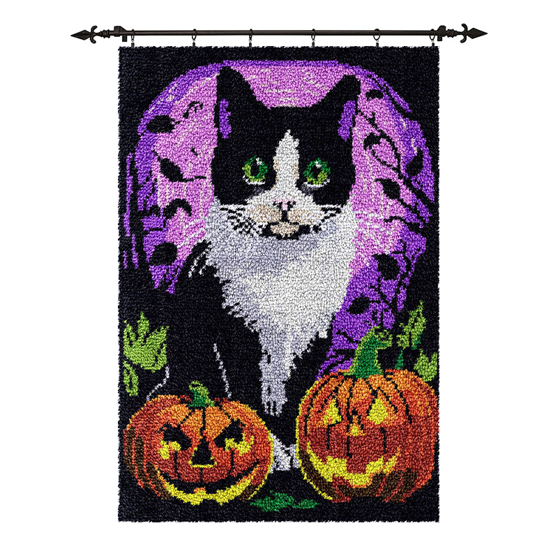 [Large Size] Halloween Cat and Pumpkins - Latch Hook Rug Kit