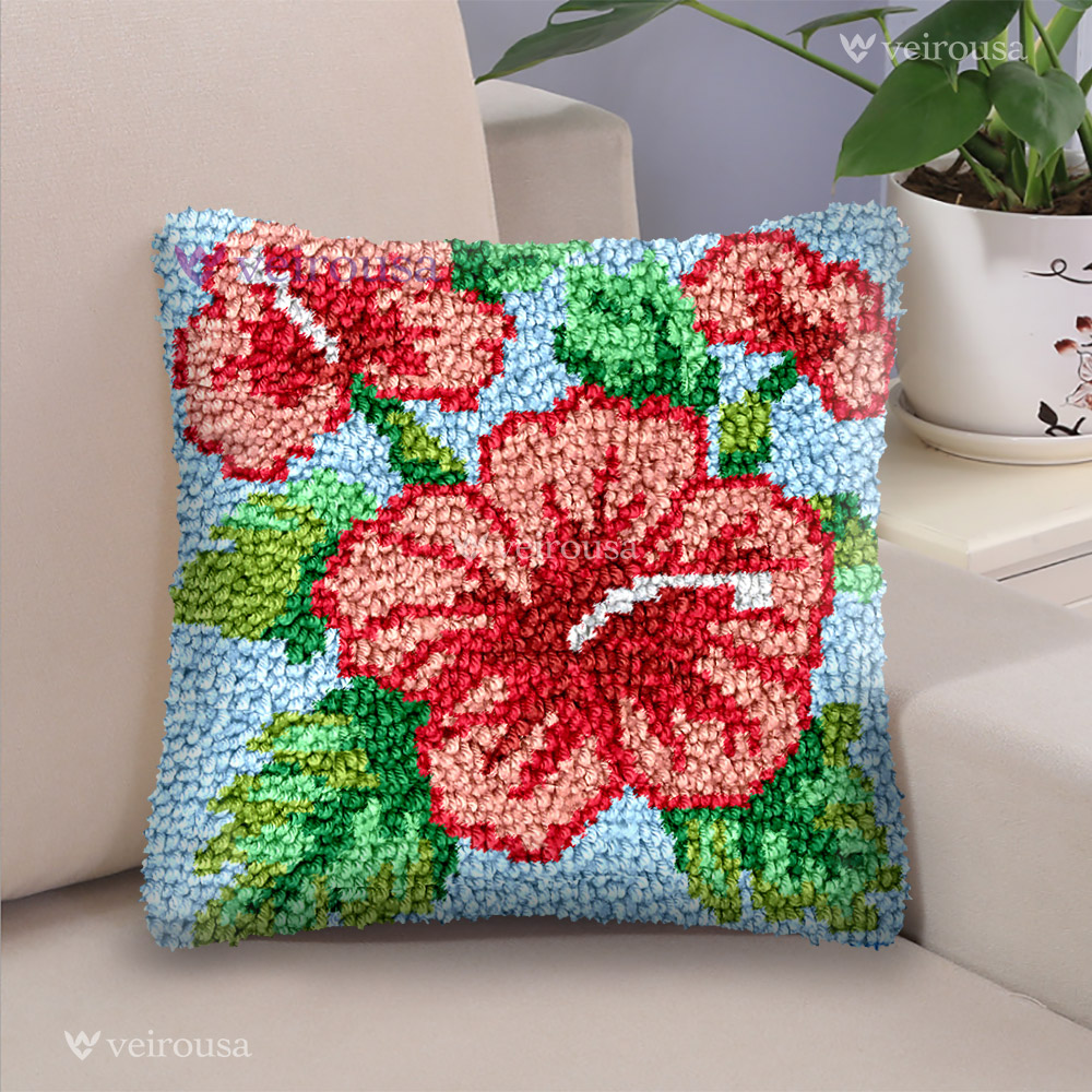 Red Flower Latch Hook Pillow Kit for Adult, Beginner and Kid