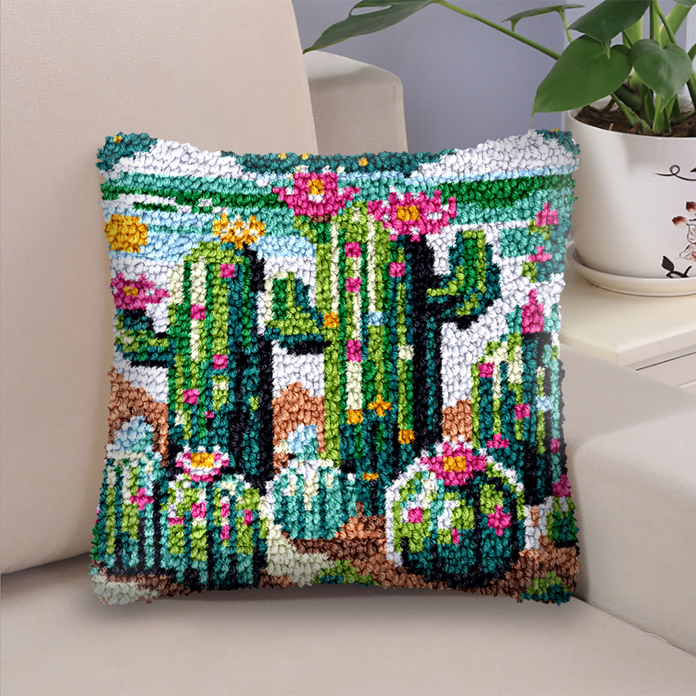 Cactus Pillowcase Latch Hook Kit for Adult, Beginner and Kid