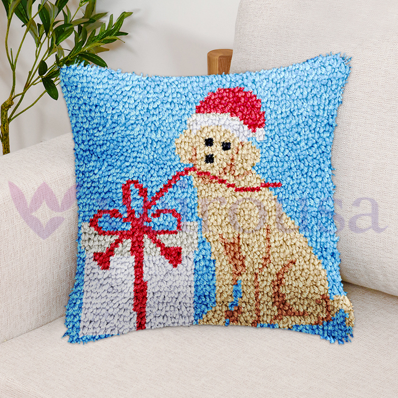 Christmas Dog with Present Pillowcase Latch Hook Kits for Adult, Beginner and Kid
