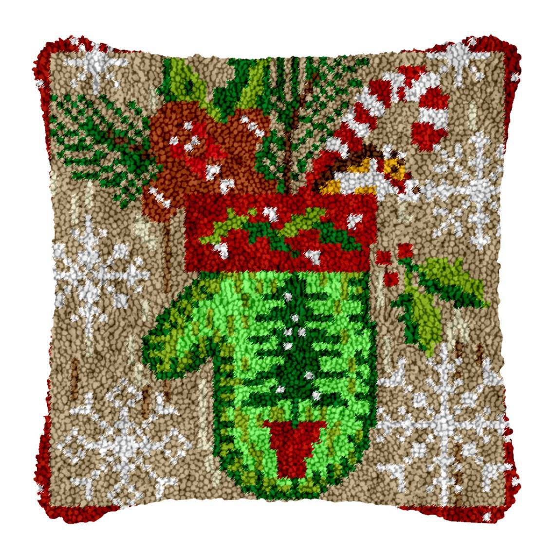 Green Christmas Gloves Pillowcase Latch Hook Kits for Adult, Beginner and Kid