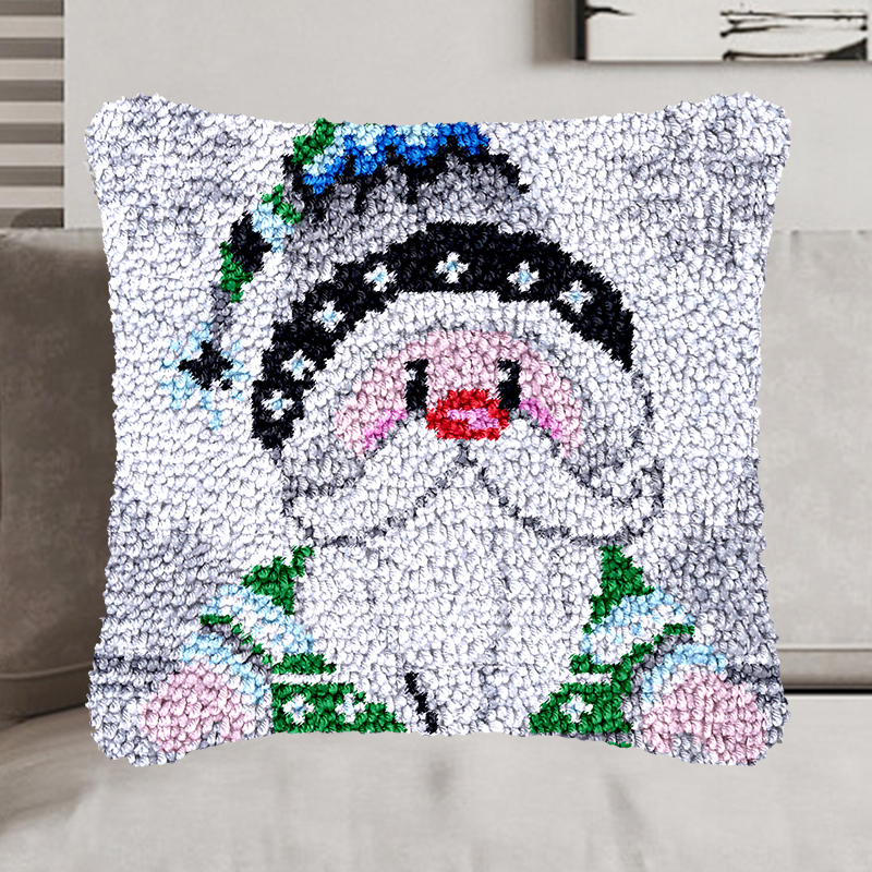 Blue Cartoon Gnome Xmas Latch Hook Pillow Kit for Adult, Beginner and Kid