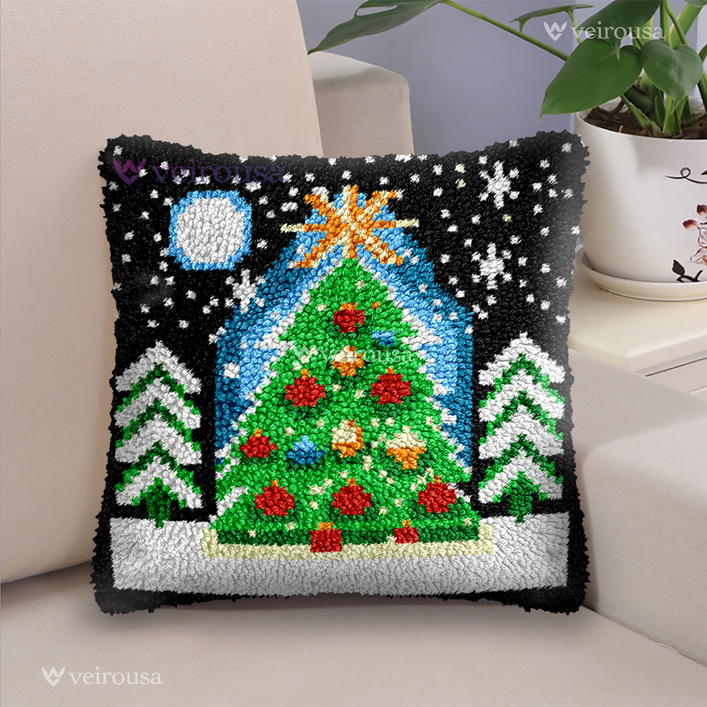 Festive Christmas Tree Pillowcase Latch Hook Kit for Adult, Beginner and Kid