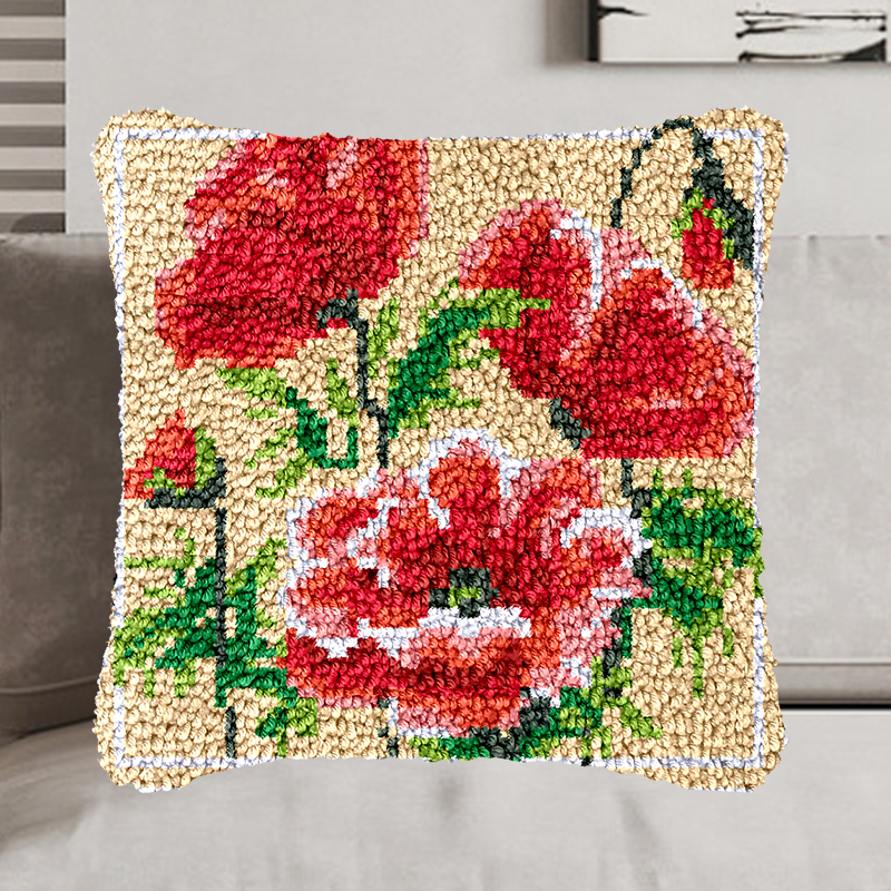 Vibrant Poppies Pillowcase Latch Hook Kit for Adult, Beginner and Kid