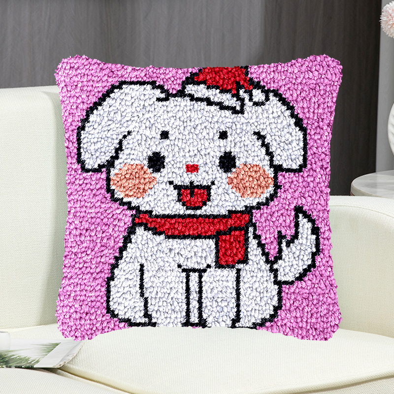 Christmas White Dog Pillowcase Latch Hook Kit for Adult, Beginner and Kid