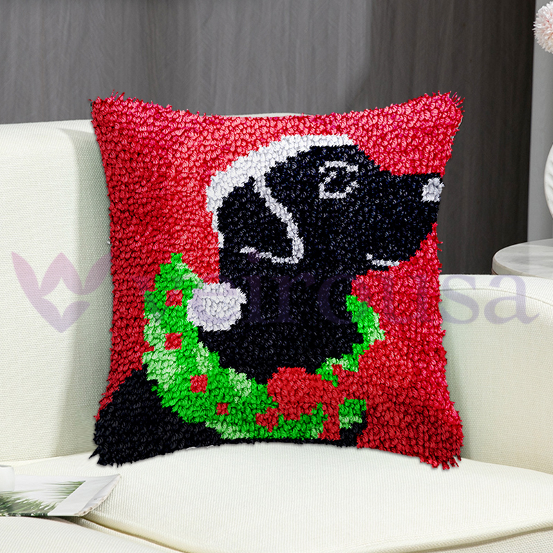 Black Christmas Dog Pillowcase Latch Hook Kits for Adult, Beginner and Kid