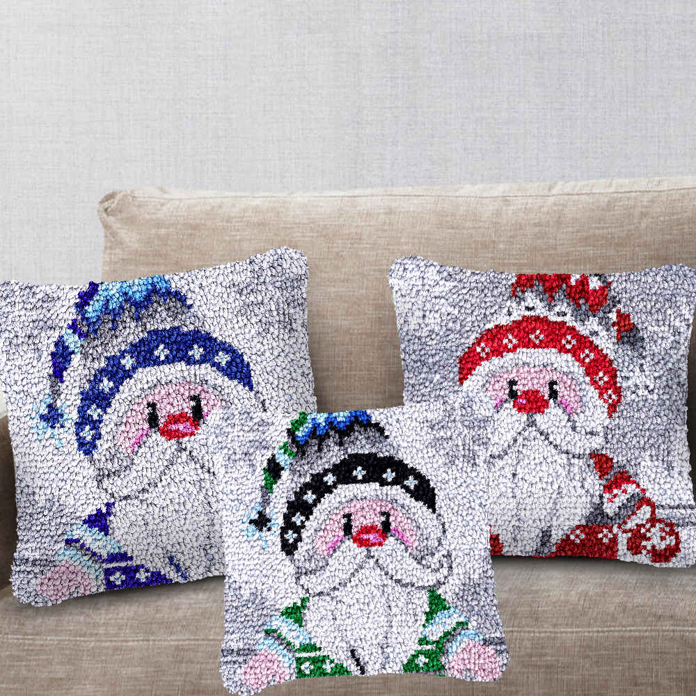 Blue Cartoon Gnome Xmas Latch Hook Pillow Kit for Adult, Beginner and Kid