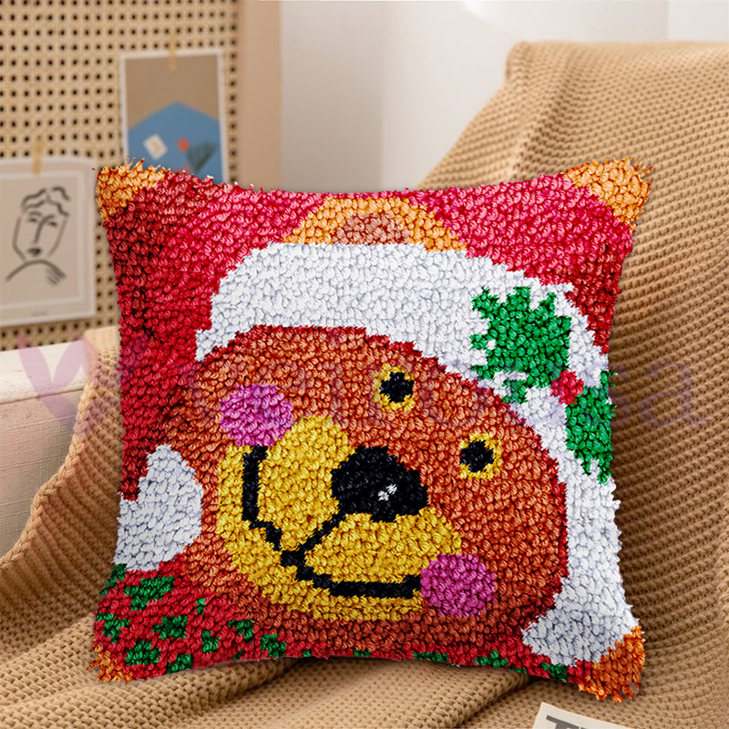 Christmas Bear Pillowcase Latch Hook Kits for Adult, Beginner and Kid