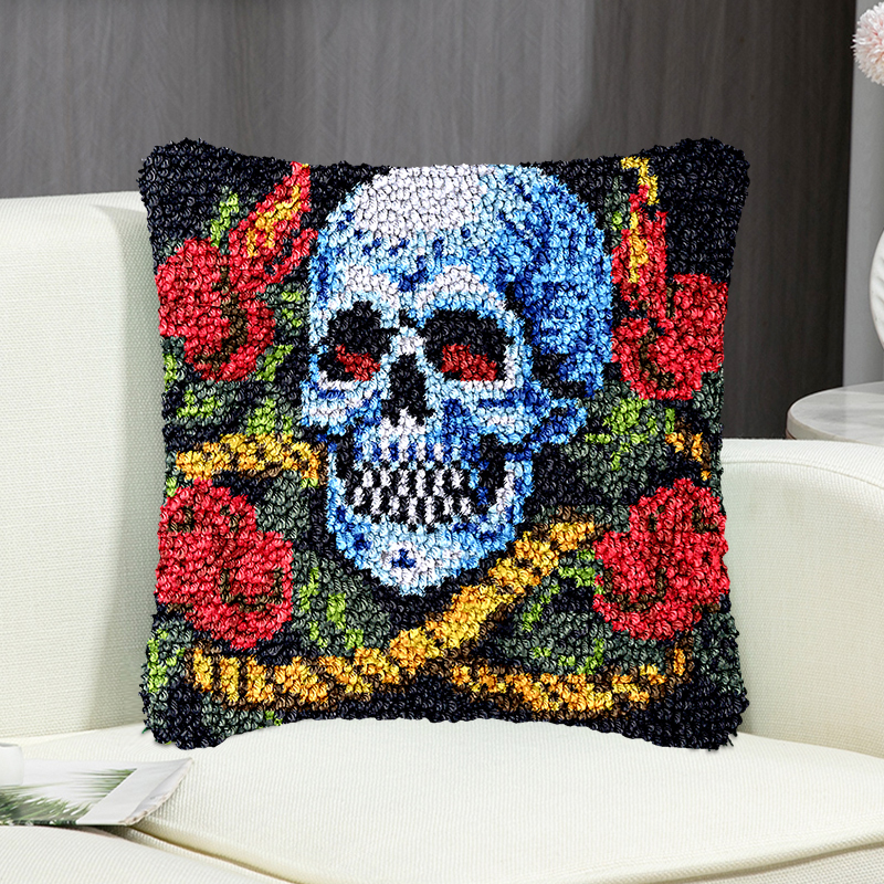 Skull Rose Pillowcase Latch Hook Kit for Adult, Beginner and Kid