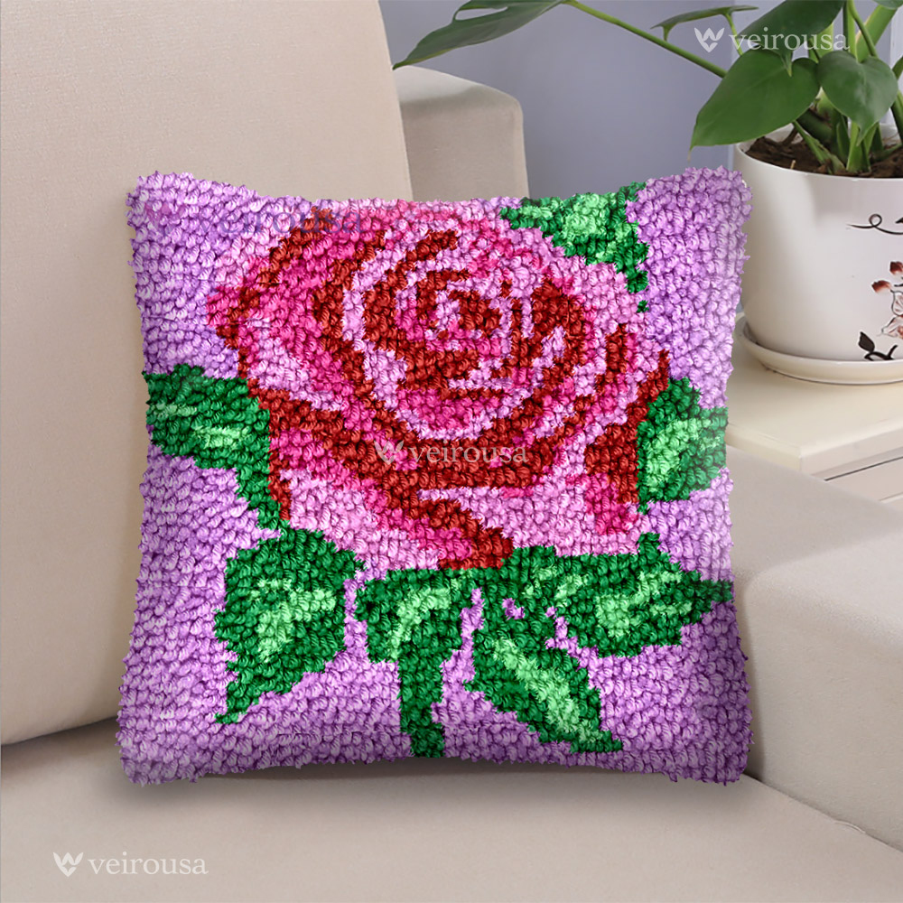 One Pink Rose (for favorite) Latch Hook Pillow Kit for Adult, Beginner and Kid