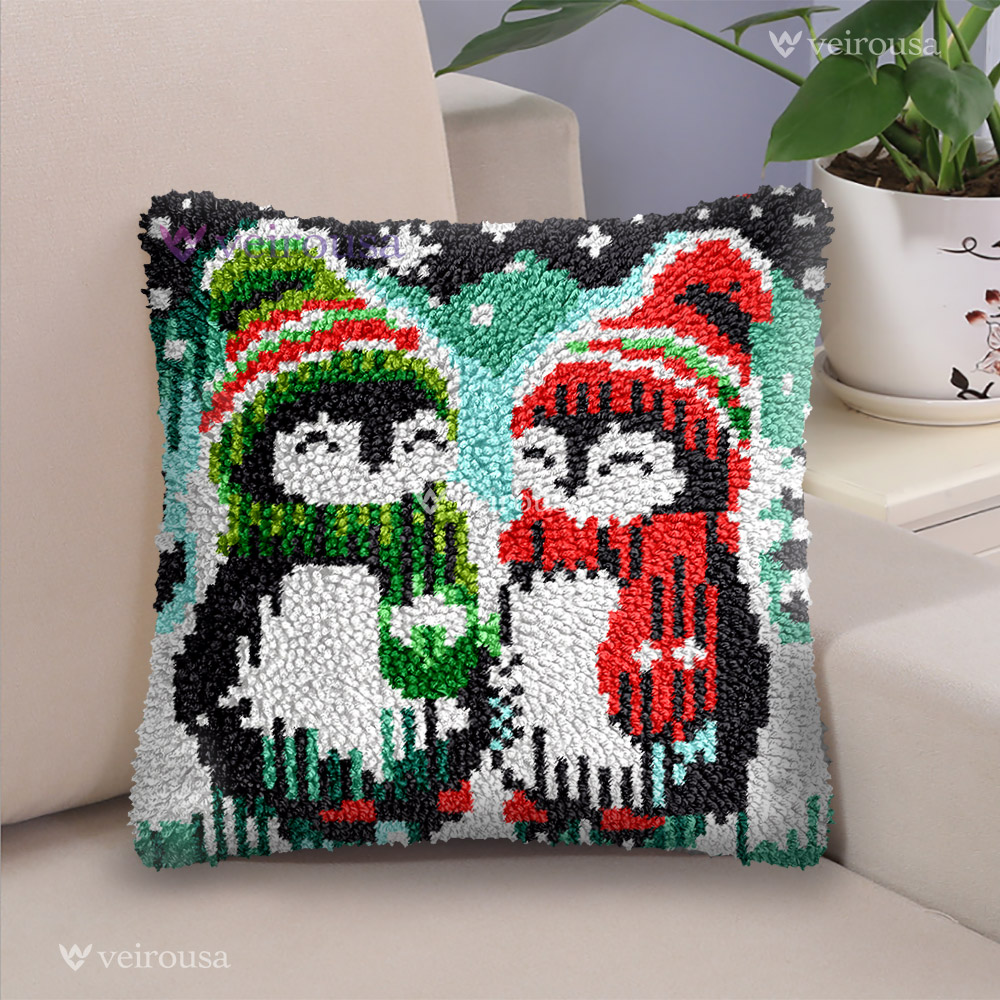 Couple Penguins Latch Hook Pillow Kits