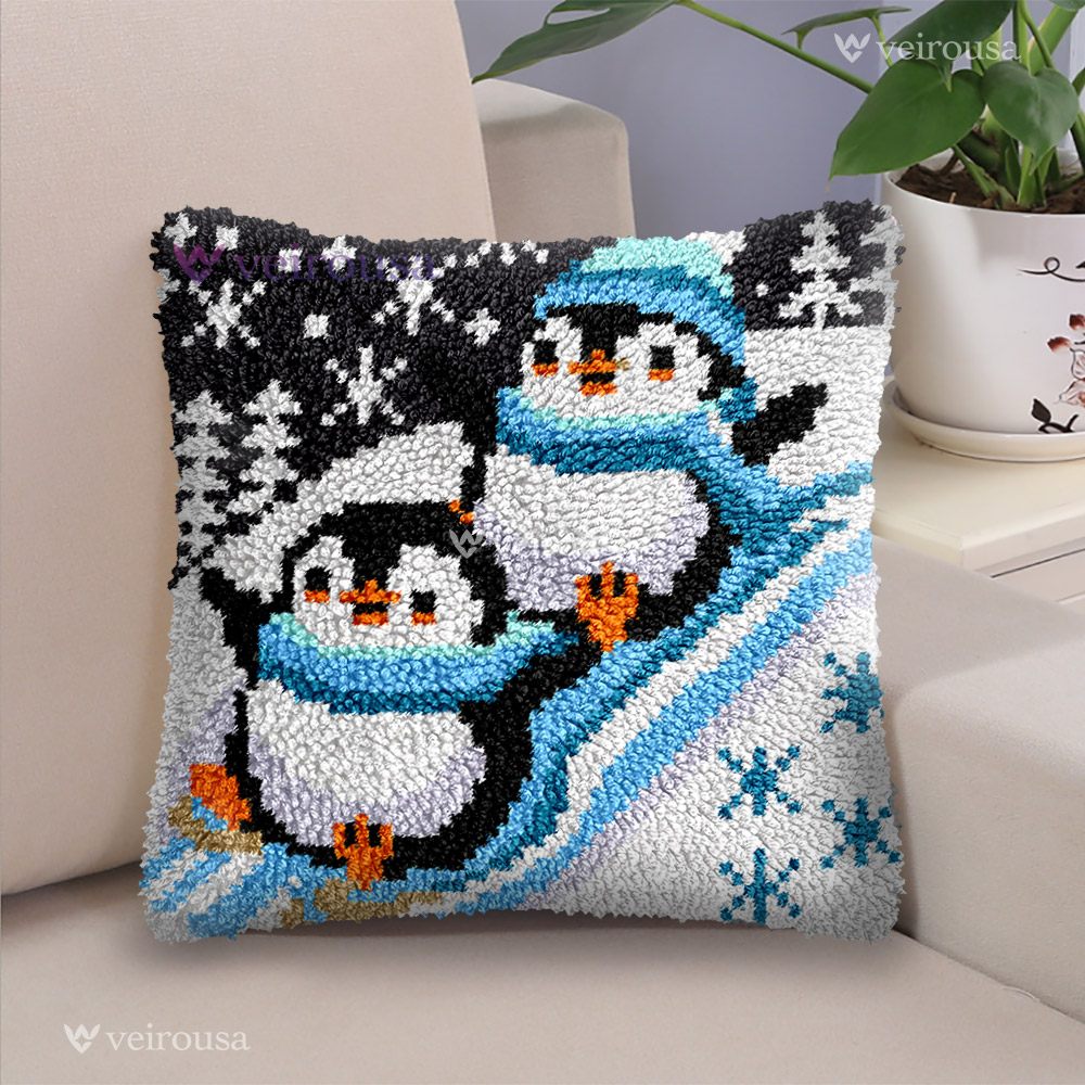 Two Skiing Penguins Pillowcase Latch Hook Kits for Adult, Beginner and Kid