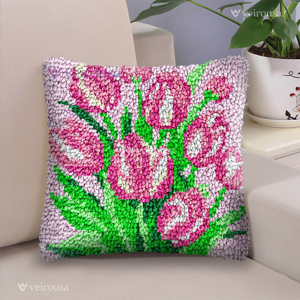 Pink Tulips Latch Hook Pillow Kit for Adult, Beginner and Kid