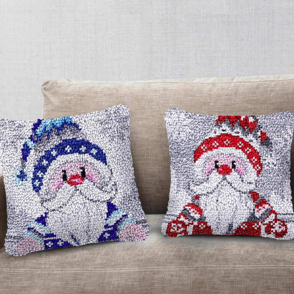 Blue Cartoon Gnome Xmas Latch Hook Pillow Kit for Adult, Beginner and Kid