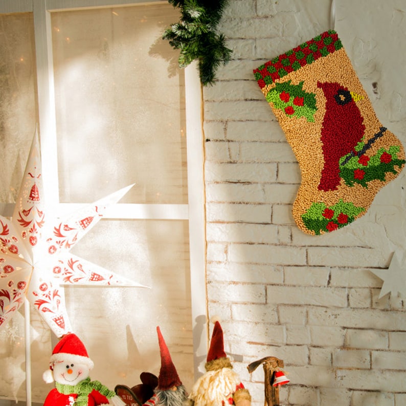 Cardinal Christmas Stocking DIY Latch Hook Kits for Beginner