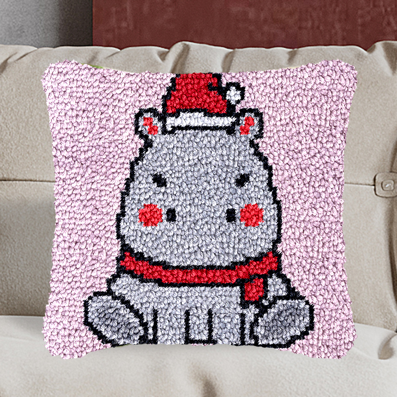 Christmas Hippo Pillowcase Latch Hook Kit for Adult, Beginner and Kid