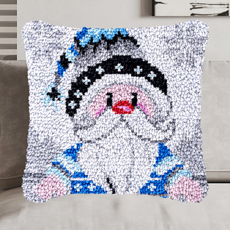 Blue Cartoon Gnome Xmas Latch Hook Pillow Kit for Adult, Beginner and Kid