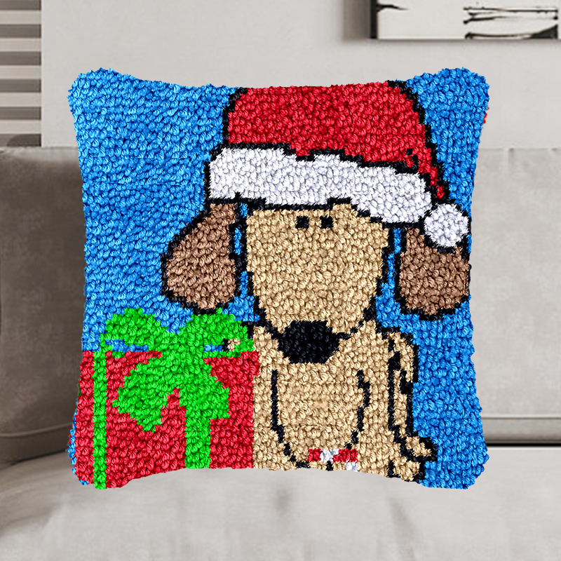 Christmas Dog with Gift Pillowcase Latch Hook Kit for Adult, Beginner and Kid