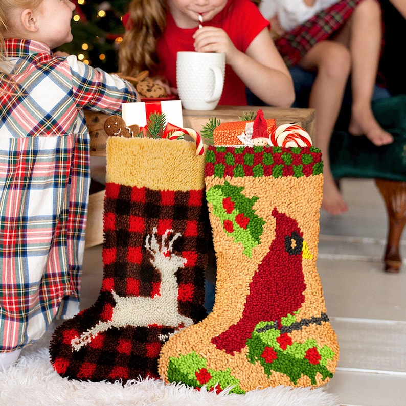 Cardinal Christmas Stocking DIY Latch Hook Kits for Beginner
