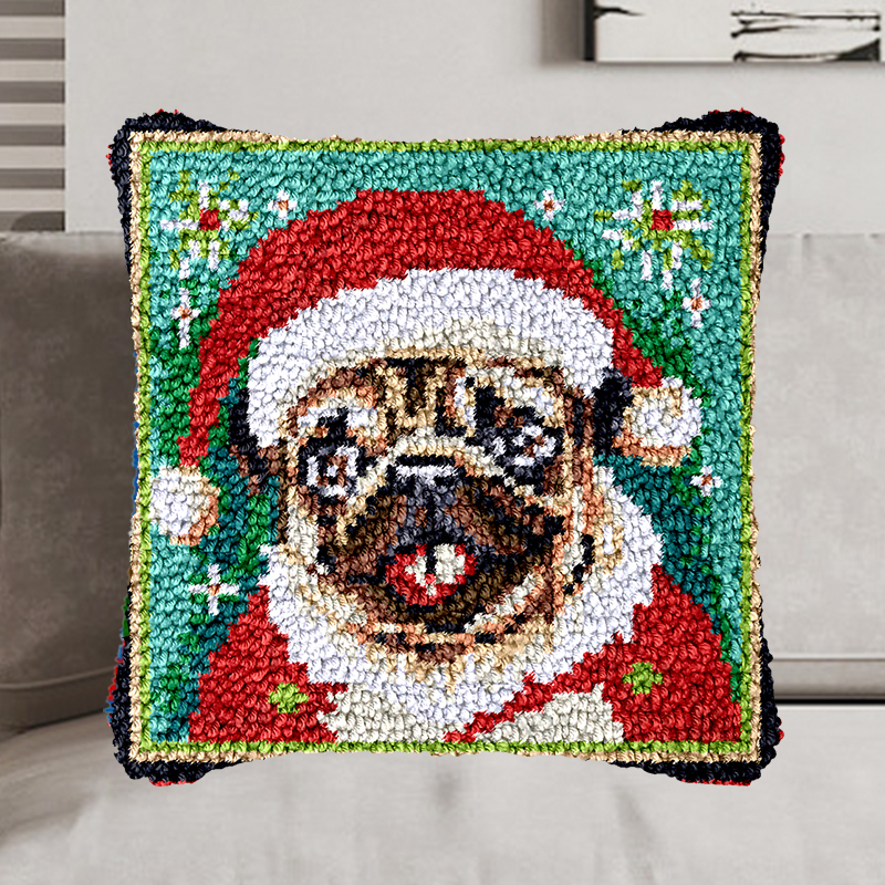 Christmas Bulldog Dog Pillowcase Latch Hook Kit for Adult, Beginner and Kid