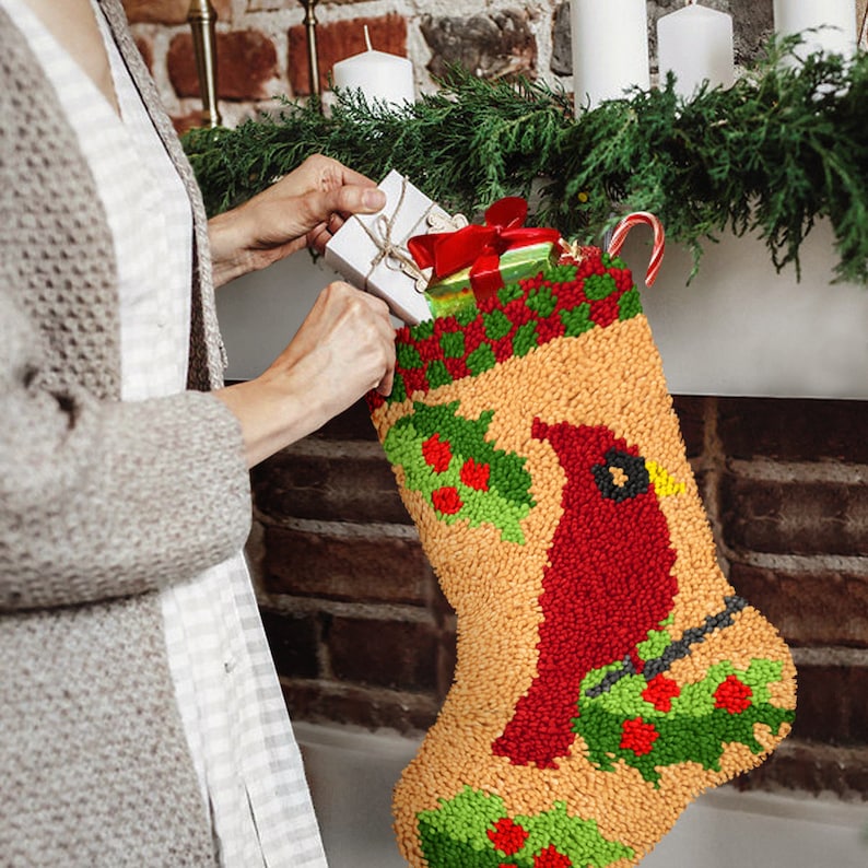 Cardinal Christmas Stocking DIY Latch Hook Kits for Beginner