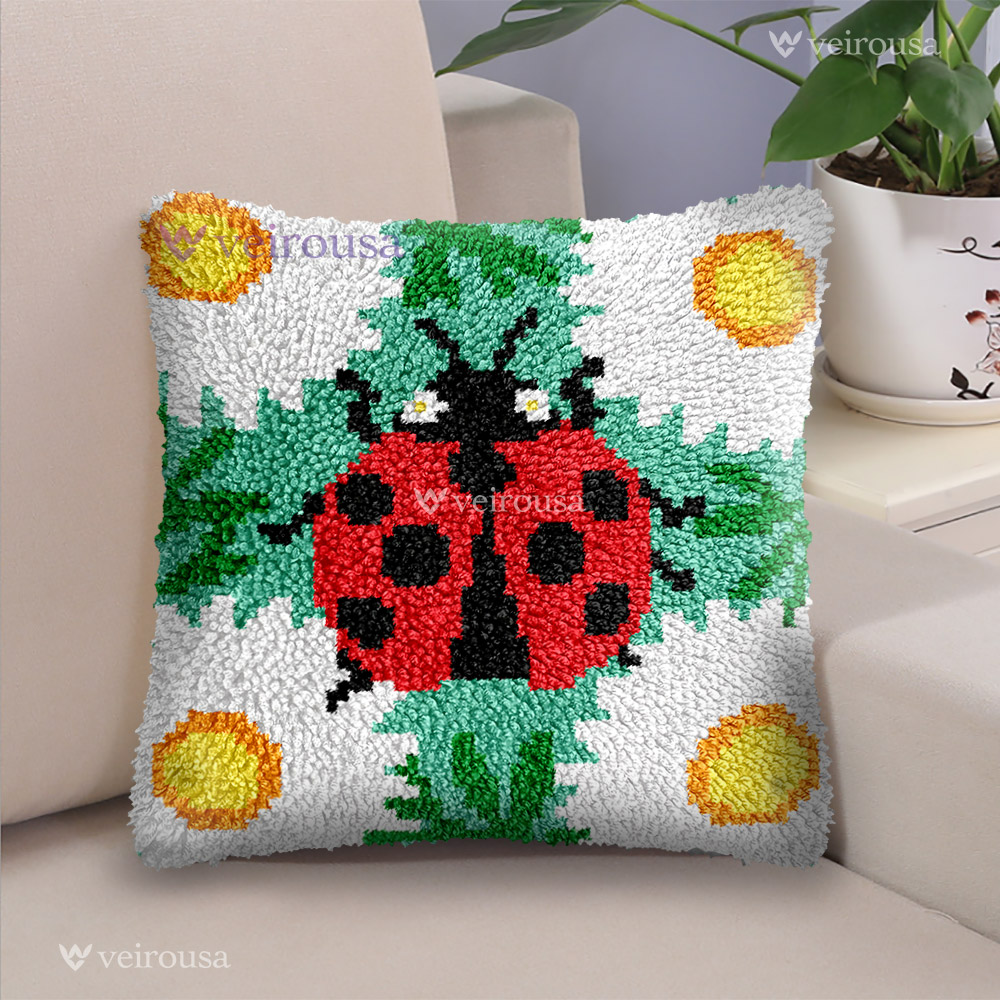Ladybug and Flowers - Latch Hook Pillow Kit