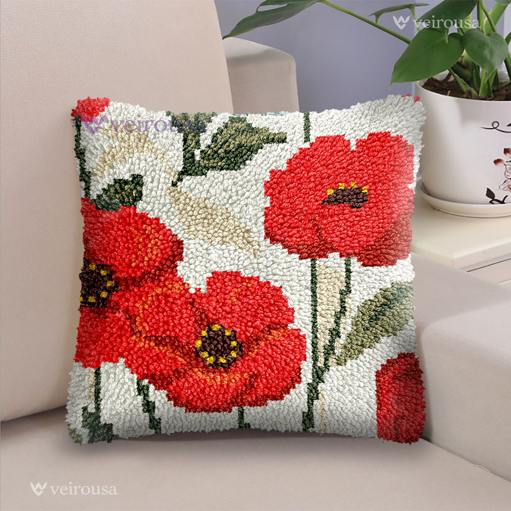 Red Flowers - Latch Hook Pillow Kit