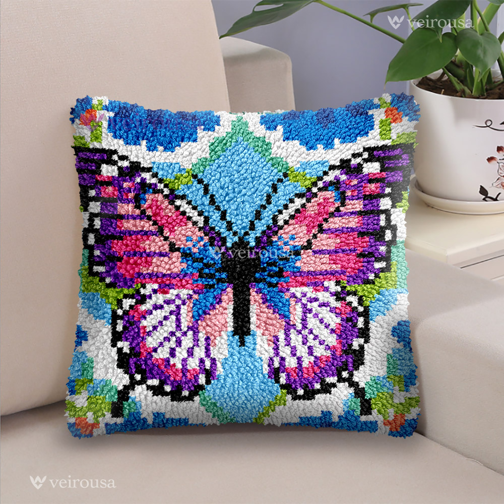 Purple and Pink Butterfly - Latch Hook Pillow Kit