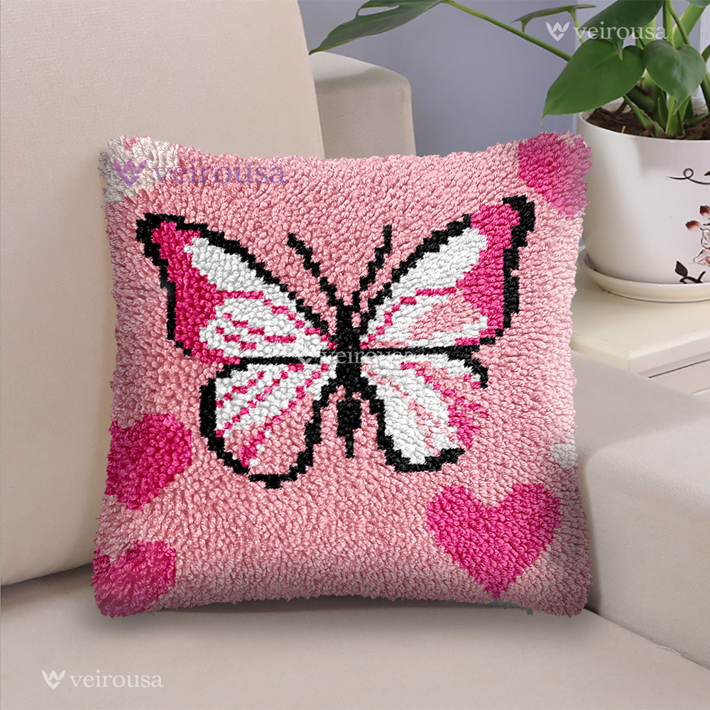 Pink Butterfly - Latch Hook Pillow Kit