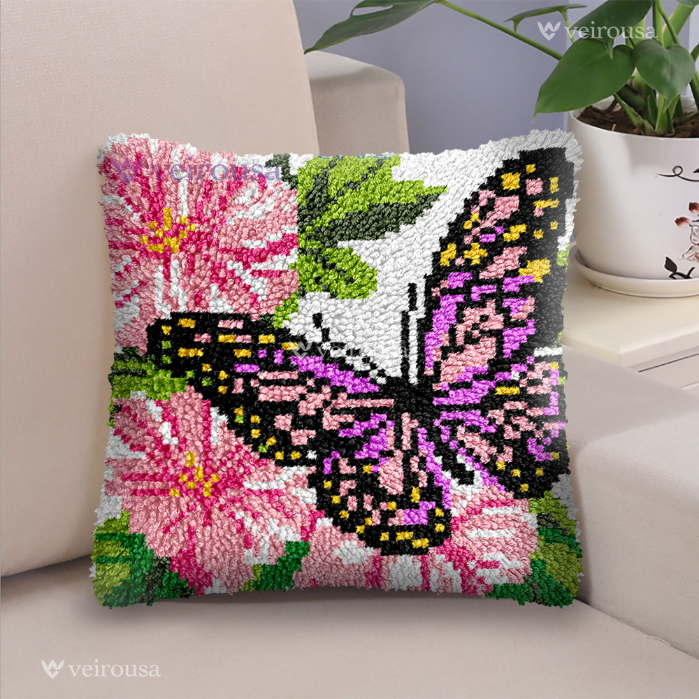 Purple and Pink Butterfly - Latch Hook Pillow Kit