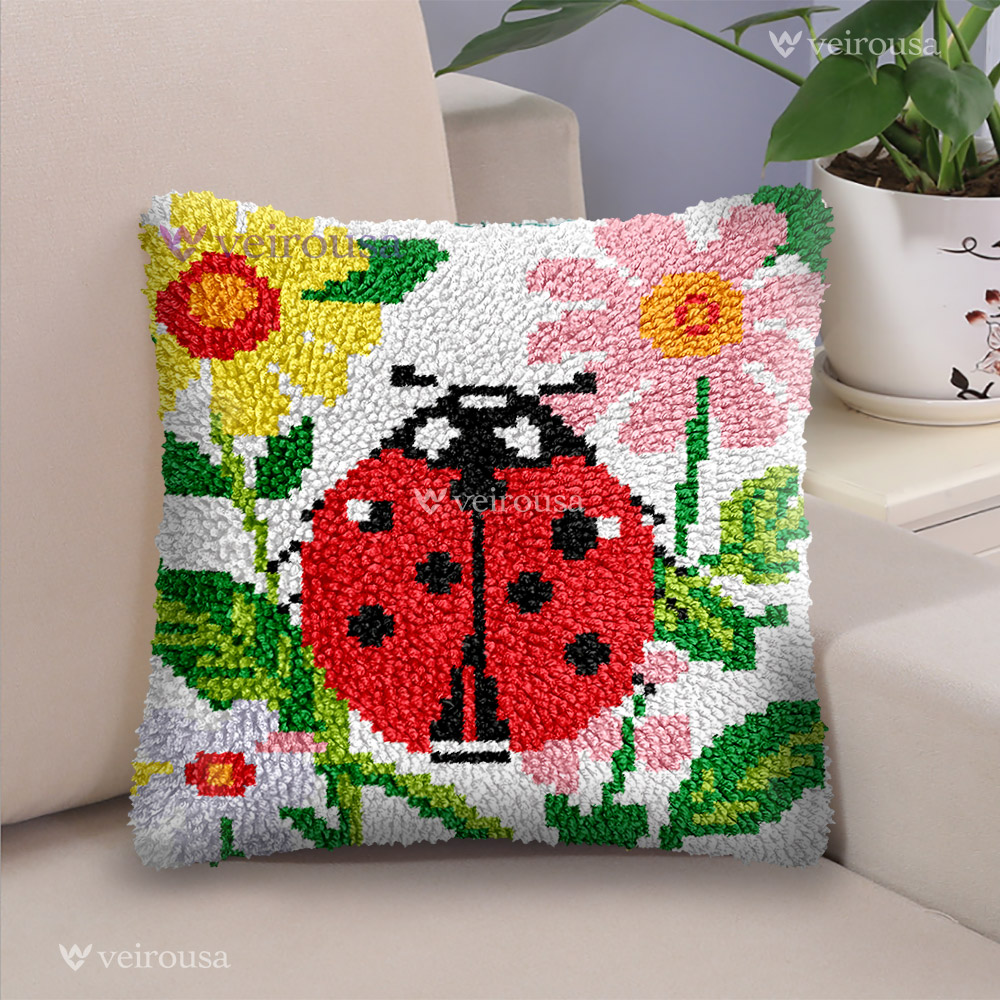 Ladybug and Flowers - Latch Hook Pillow Kit