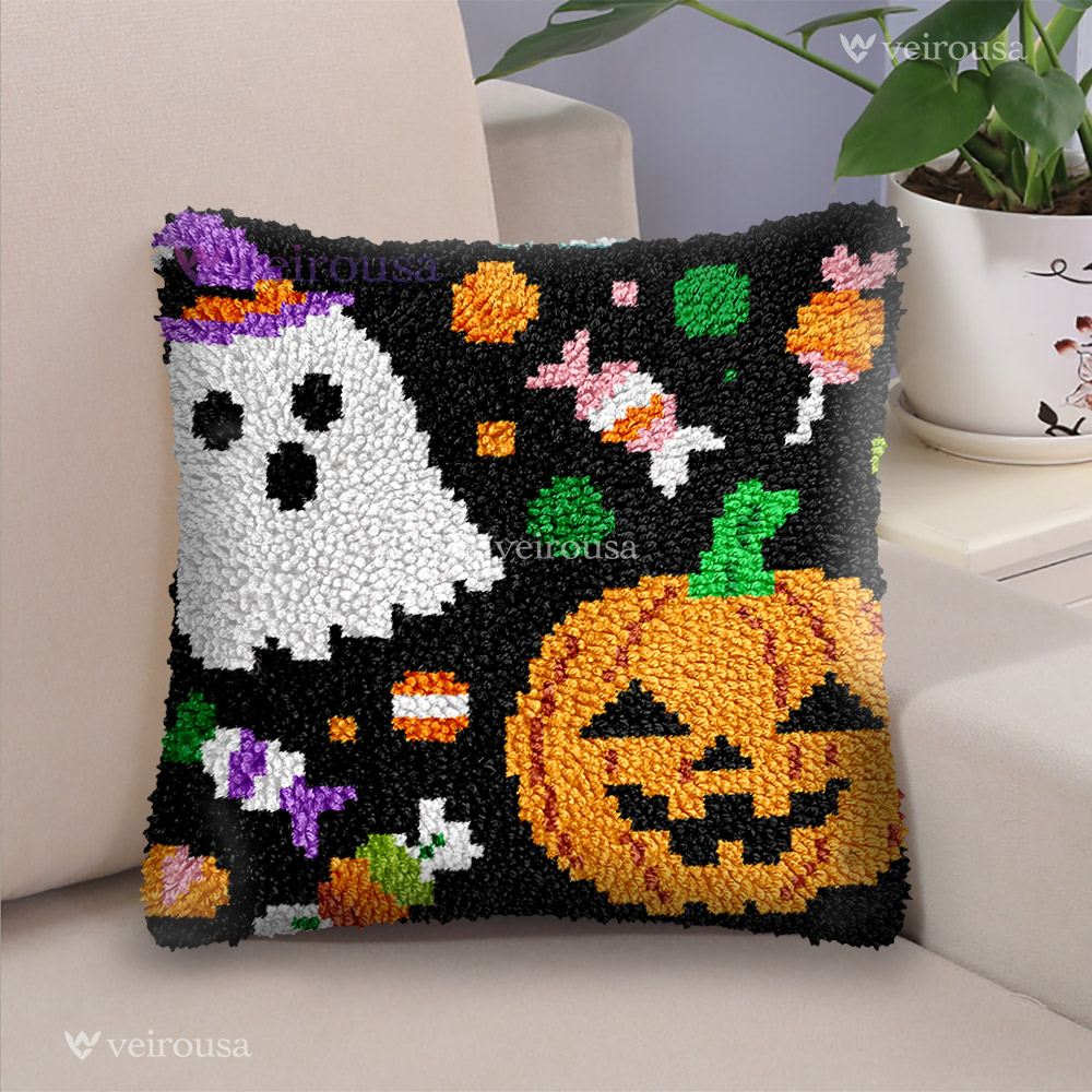Halloween Pumpkin and Ghost - Latch Hook Pillow Kit