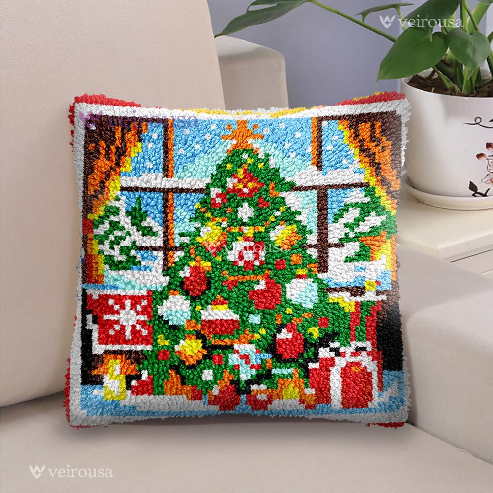 Beautiful Christmas Tree Pillowcase Latch Hook Kit for Adult, Beginner and Kid
