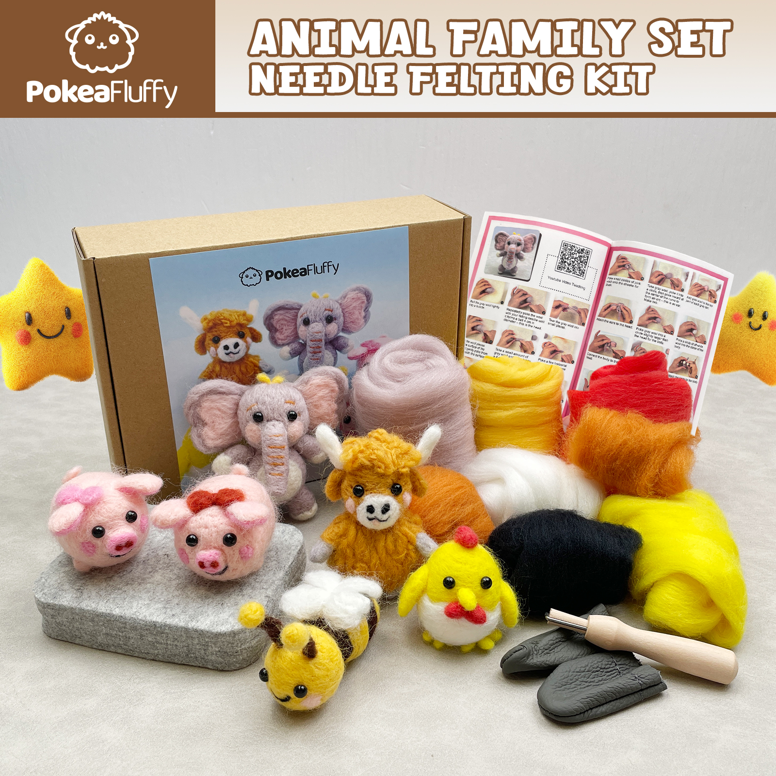 Six Felt Animals Needle Felting Kit - PokeaFluffy