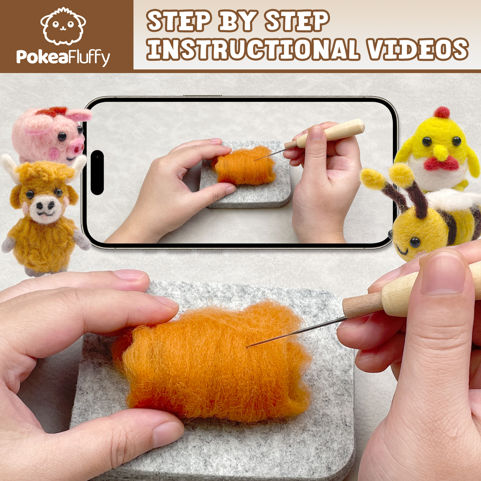 Six Felt Animals Needle Felting Kit - PokeaFluffy