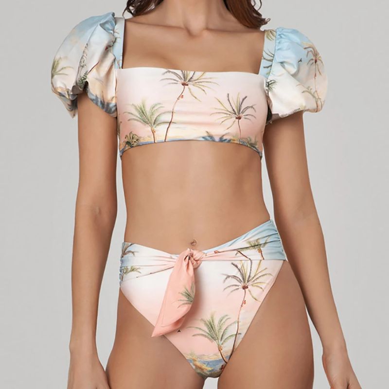 Puff Sleeves Coconut Tree Print Bikini Swimsuit