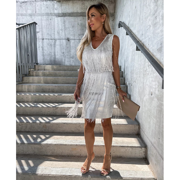 Sexy V Neck Sequin Tassel Party Dress
