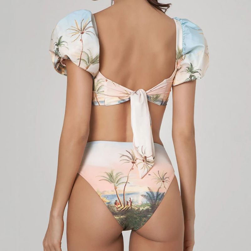 Puff Sleeves Coconut Tree Print Bikini Swimsuit